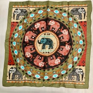 Bohemian Elephant Print Hair Scarf in Olive Green